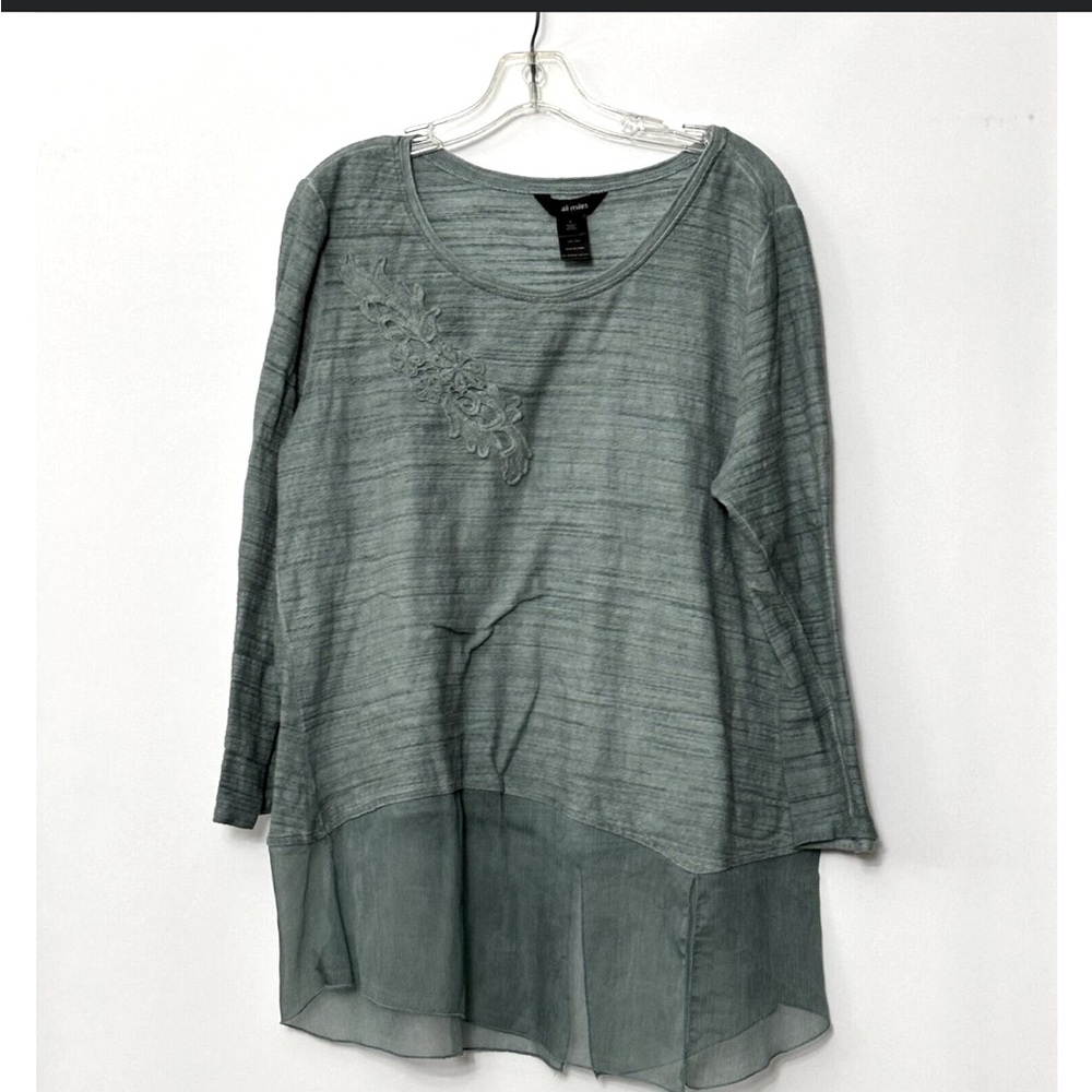 Ali Miles shirt - green 100% cotton 3/4 sleeve embroidered chest sheer hem